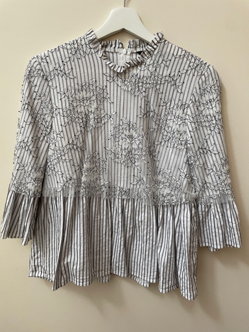 Zara White and Black Striped Floral Peplum blouse with lace and ruffles